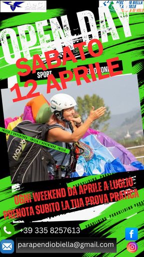 Scuola di parapendio: Open Day gratuiti con l'Aero Club Biella, si parte il 12 aprile. Scuola di parapendio: Open Day gratuiti con l'Aero Club Biella, si parte il 12 aprile.