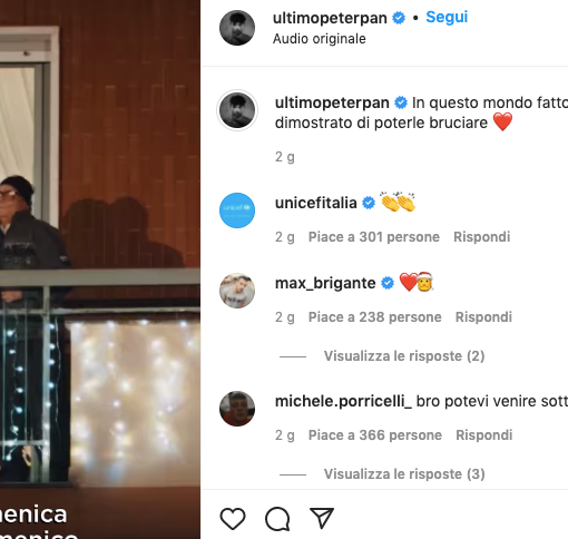 In foto il post su instagram con il video di Ultimo diventato virale nelle ultime ore