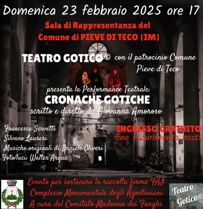Pieve di Teco: domenica in Comune la performance teatrale "Cronache gotiche" Pieve di Teco: domenica in Comune la performance teatrale "Cronache gotiche"