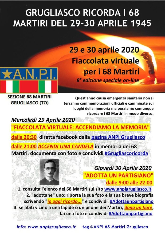 Grugliasco e Collegno ricordano i 68 martiri dell'aprile 1945 con una fiaccolata virtuale