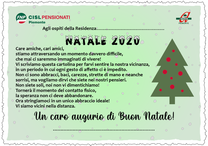 Una cartolina per gli anziani delle Rsa: l’iniziativa della Fnp Cisl Piemonte per le festività natalizie Una cartolina per gli anziani delle Rsa: l’iniziativa della Fnp Cisl Piemonte per le festività natalizie