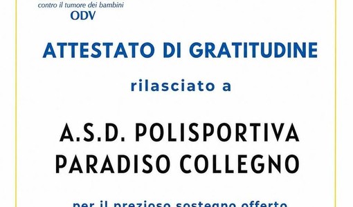 La Polisportiva Paradiso Collegno premiata per l'impegno a favore dei bambini malati di cancro