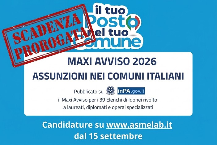 Maxi avviso ASMEL 2026, boom di candidature: prorogata la scadenza al 15 ottobre Maxi avviso ASMEL 2026, boom di candidature: prorogata la scadenza al 15 ottobre