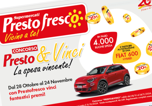 Prestrofresco, per ringraziare i clienti di 20 anni di fiducia, mette in palio una Fiat 600 1.2 Hybrid 100 CV Prestrofresco, per ringraziare i clienti di 20 anni di fiducia, mette in palio una Fiat 600 1.2 Hybrid 100 CV