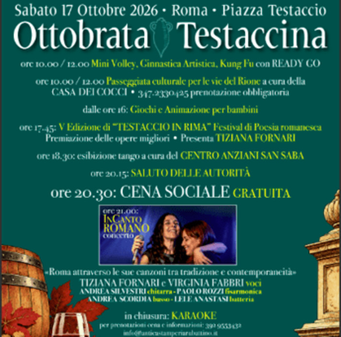 Roma: al I Municipio torna l'Ottobrata Testaccina, giornata gratuita tra tradizione poesia, concerti e cena sociale