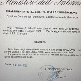Per 33 anni 'ostaggio' dell'Italia dove è nata e cresciuta, ora è finalmente apolide: il decreto del Viminale Per 33 anni 'ostaggio' dell'Italia dove è nata e cresciuta, ora è finalmente apolide: il decreto del Viminale